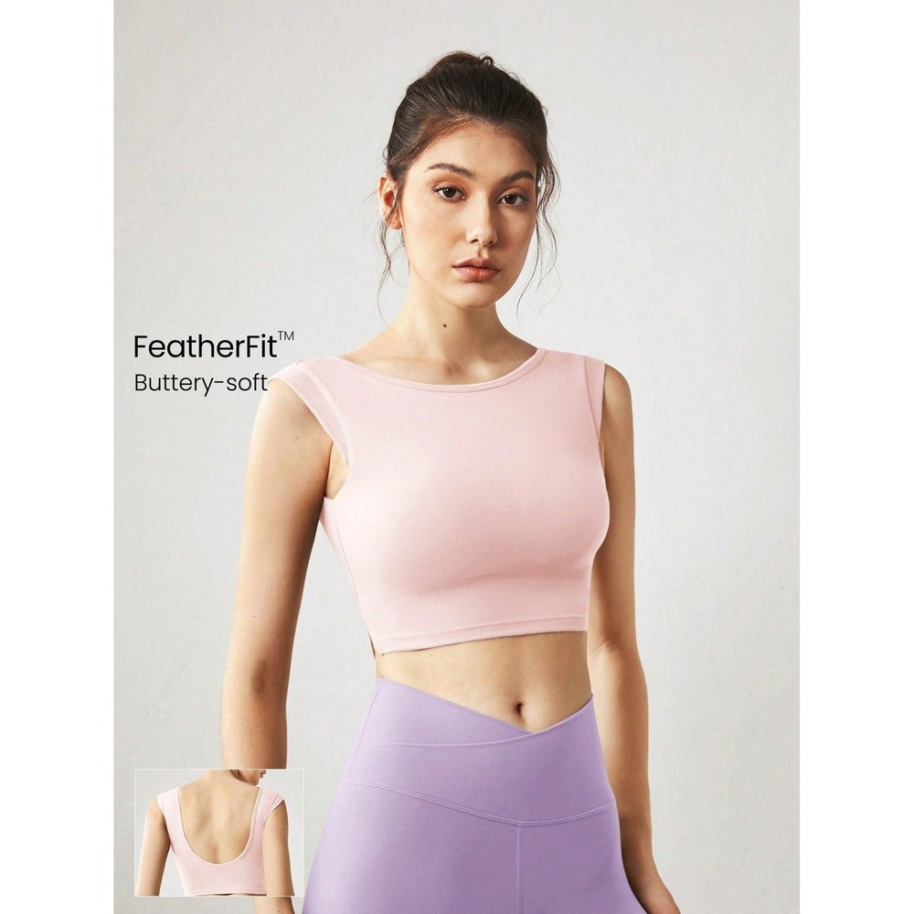 SOLD Glowmode FeatherFit Pink Just Do U-Back Cap Sleeve Slit Hem Crop Tank Top - Picture 2 of 7